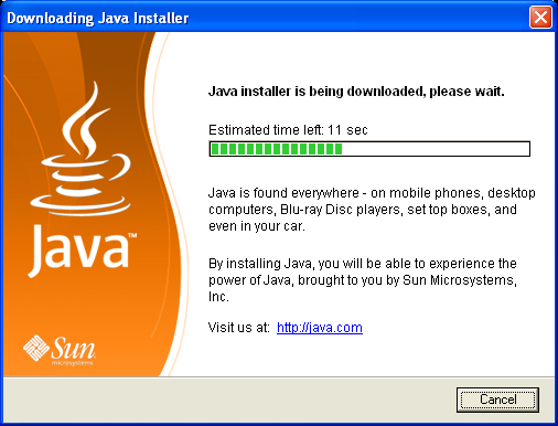 Downloading Java installer window - it will disappear automatically