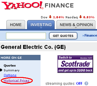 Selecting historical data on Yahoo! Finance
