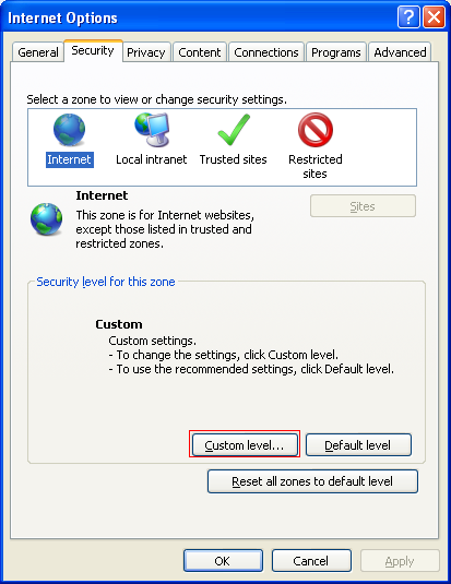 internet explorer security settings window