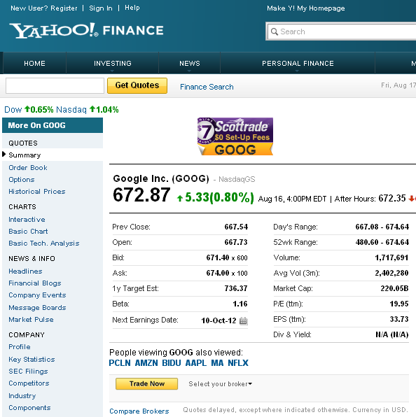 Page of Google Inc. stock within Yahoo! Finance (you can download data from here)