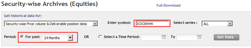 Entering download settings at NSE India data download page