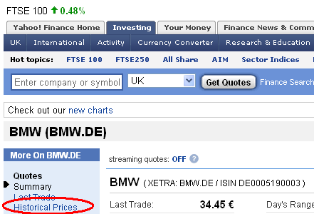 Selecting historical data on Yahoo! Finance UK