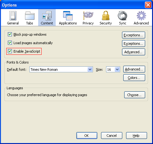 enabling javascript in Firefox