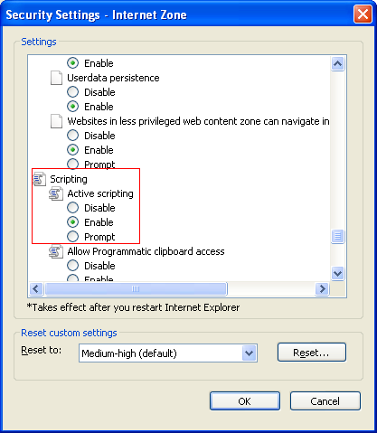 enabling active scripting / java scripts in internet explorer