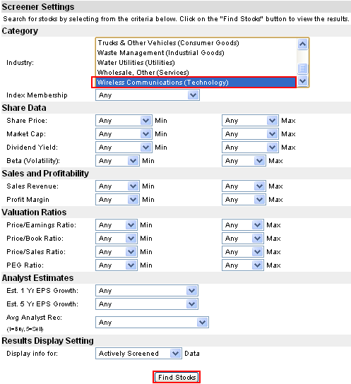 Searching with Yahoo! Finance stock screener