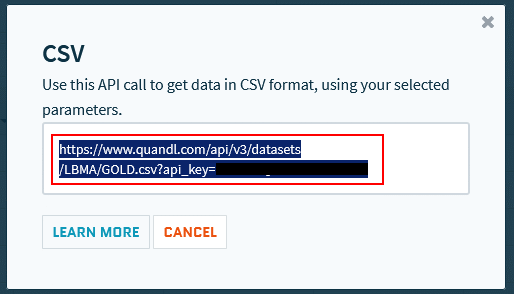 The API URL to copy (hiding the API key).